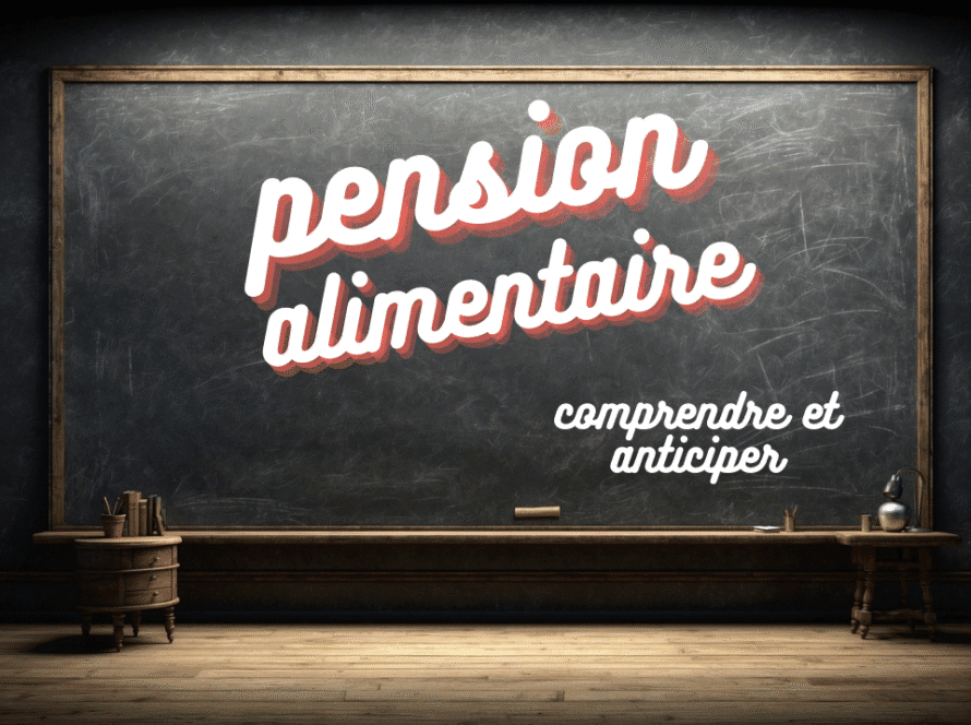 Tableau noir avec l’inscription “Pension alimentaire”, symbolisant le calcul du montant selon le barème officiel 2025 du ministère de la Justice.